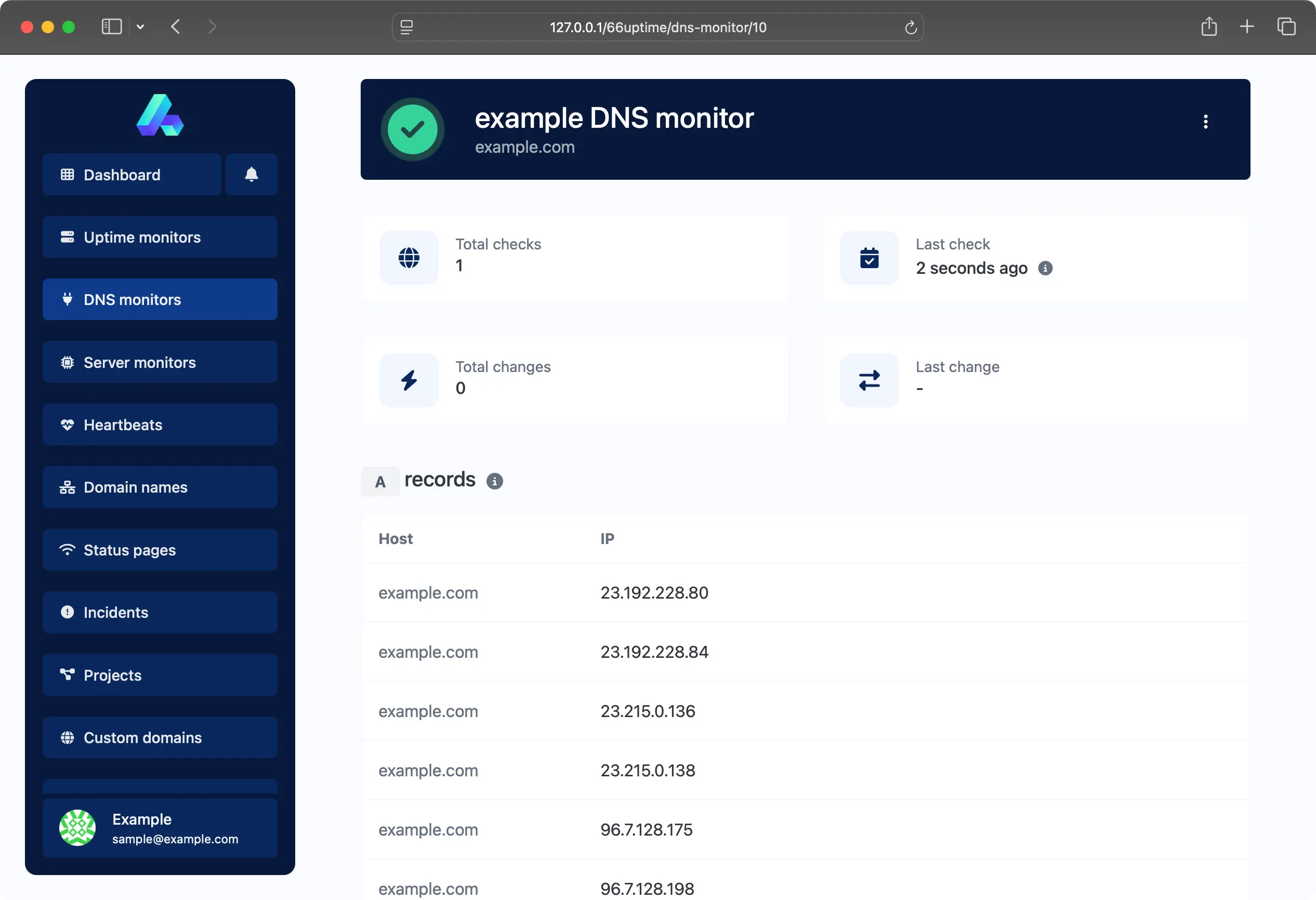 Знімок екрана сторінки монітора DNS застосунку